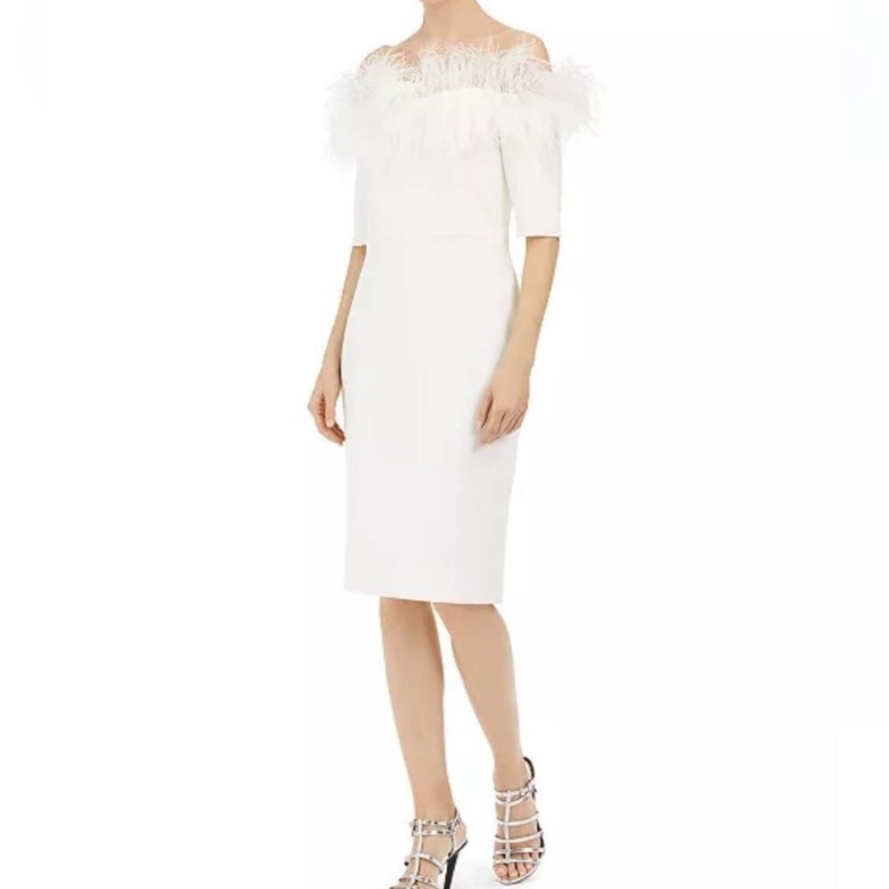 Calvin Klein White Feather Sheath Cocktail Dress Elbow Sleeve Off Shoulder 12